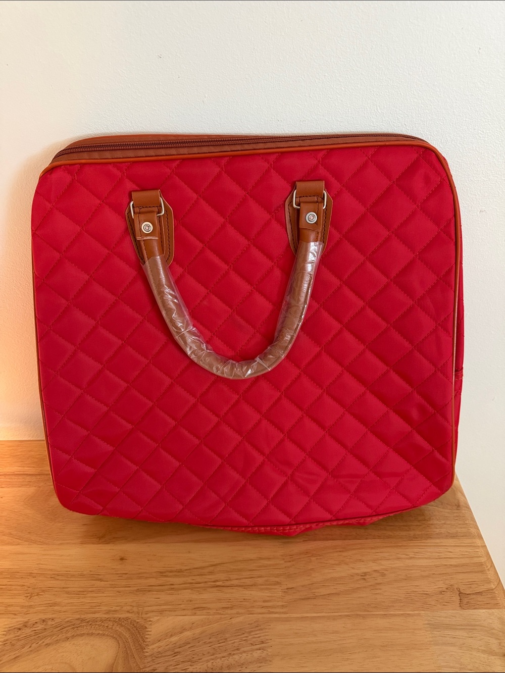 Red Quilted Carry Bag with Brown Handles